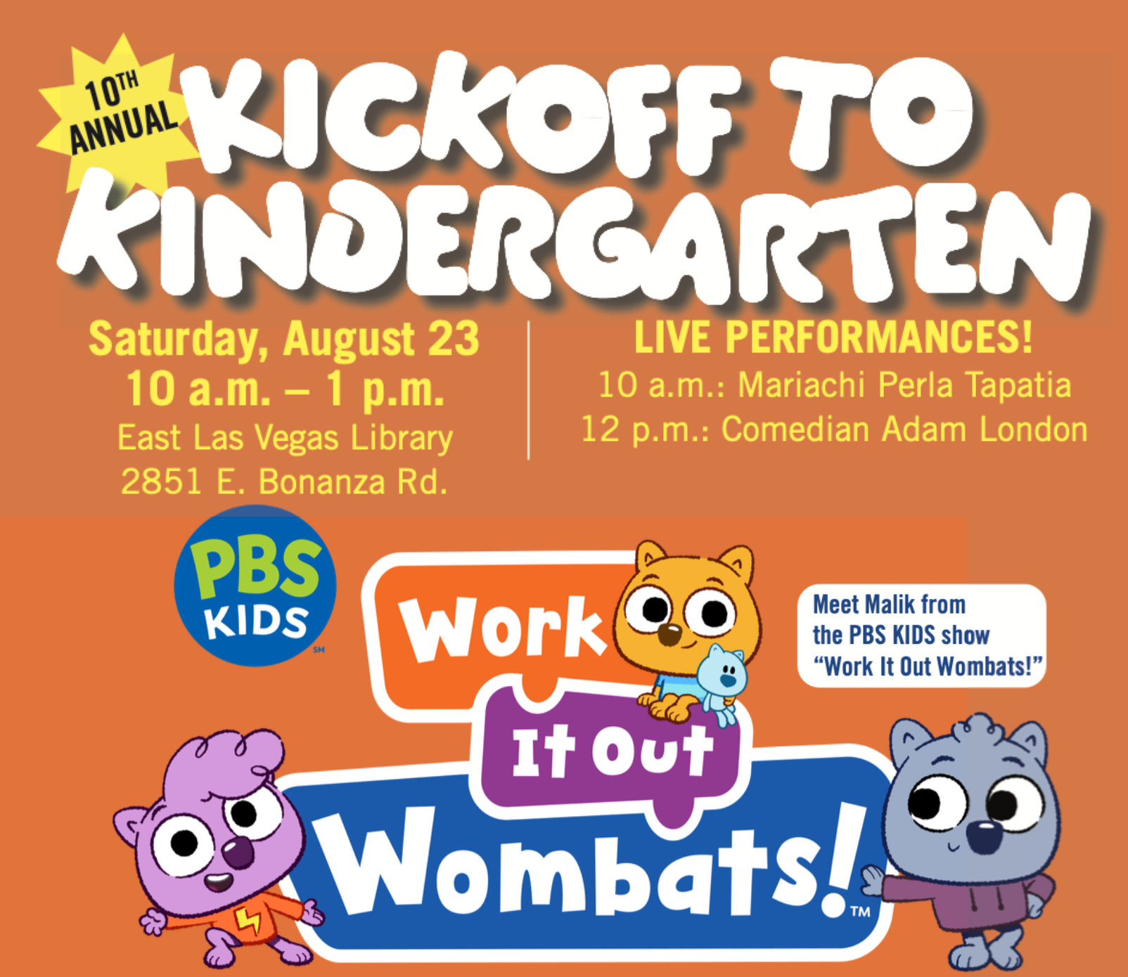 Kickoff to kindergarten flyer. Orange, white text explaining the event. 

