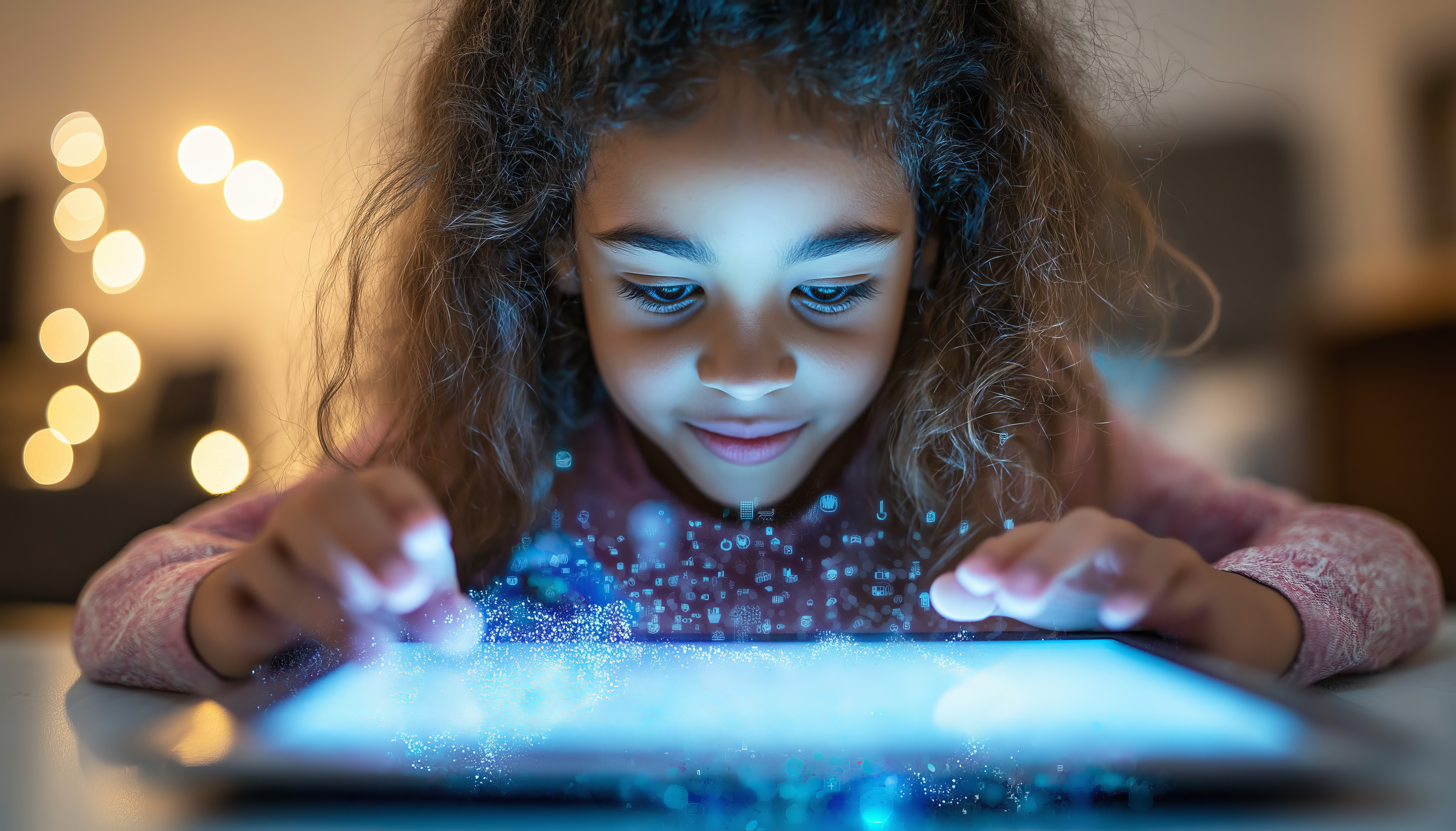 Ai photo of young girl staring at an iPad screen closeup. 