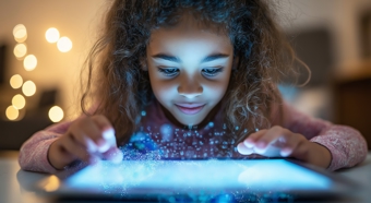 Ai photo of young girl staring at an iPad screen closeup. 