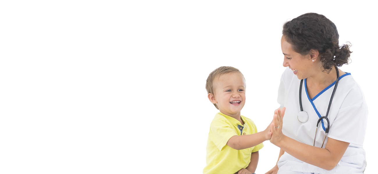 A light-skinned middle aged woman appearing to be a doctor dressed in scrubs and a stethoscope around her neck giving a young boy a high-five while both are smiling. 