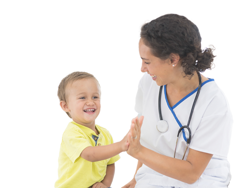 A light-skinned middle aged woman appearing to be a doctor dressed in scrubs and a stethoscope around her neck giving a young boy a high-five while both are smiling.