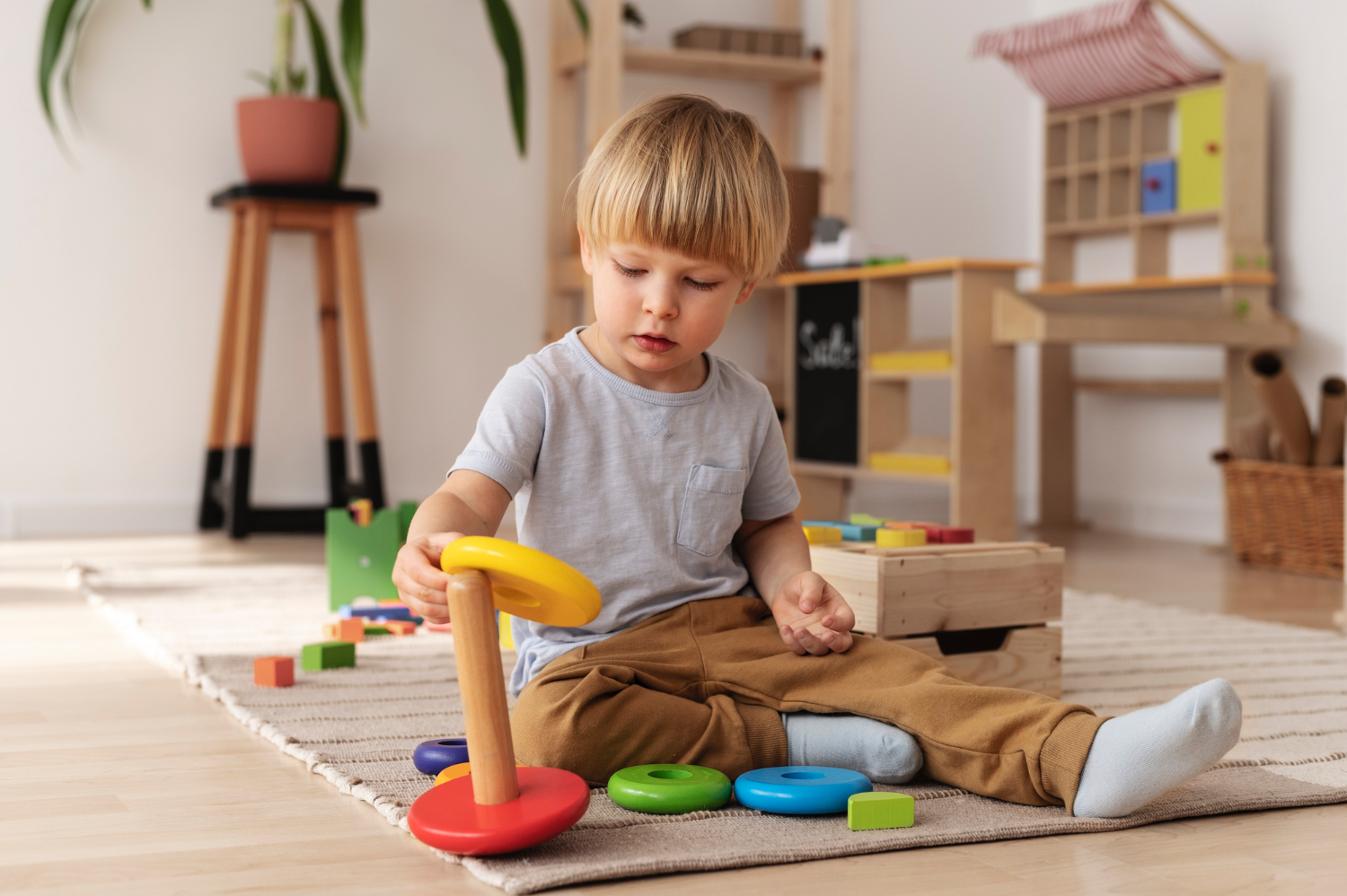 Little boy sits on floor, playing with colorful block toys