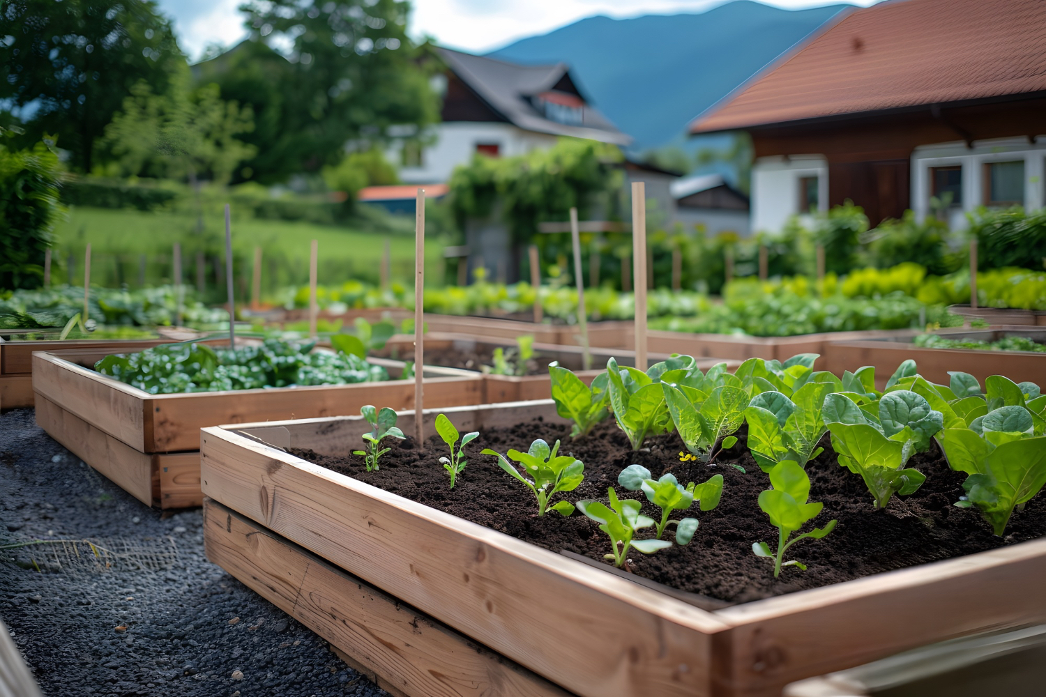 At home garden box, with various green plants sprouting out of the soil.