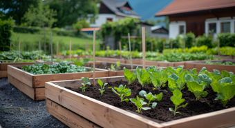 At home garden box, with various green plants sprouting out of the soil.