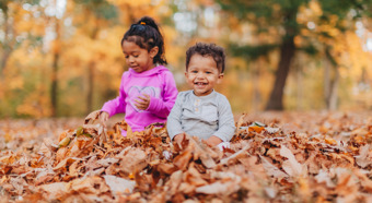Two toddlers, one wearing pink and one wearing gray long sleeve, sit in a pile of fall leaves in an outdoor setting. Smiling and laughing.