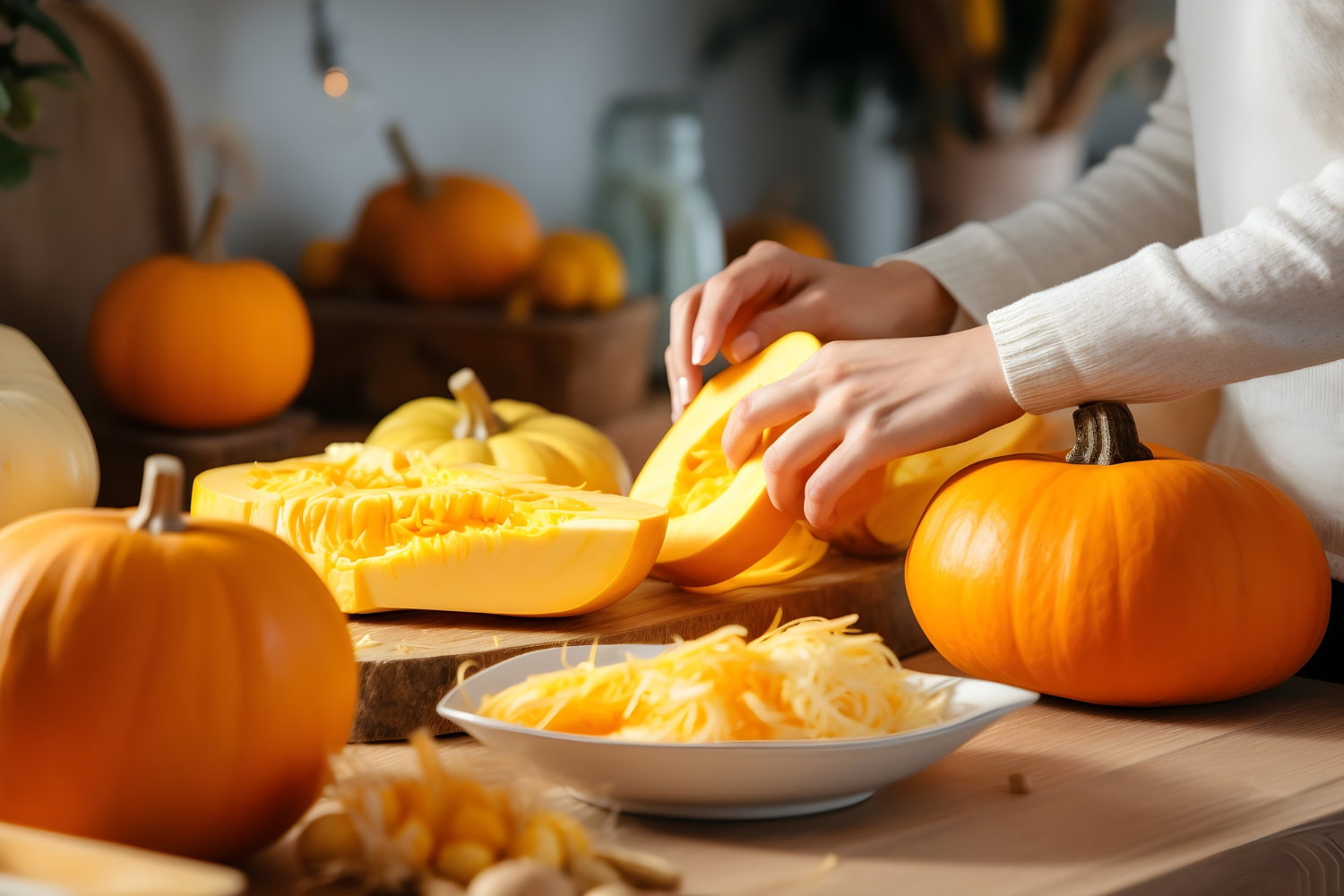 Kitchen setting with multiple pumpkins being used for recipes and food. 