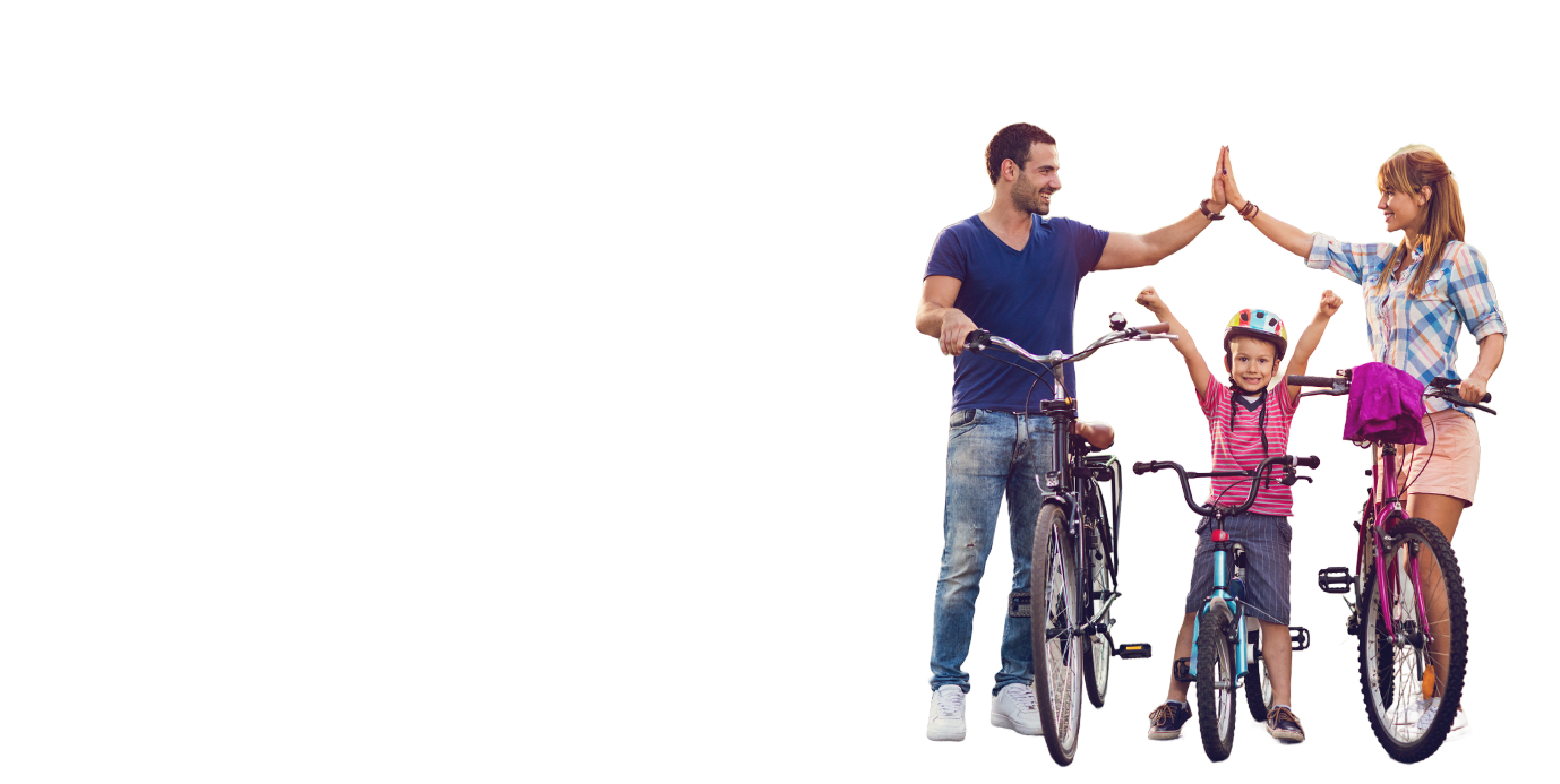 An adult male with light skin and short brown hair and an adult female with light skin and long strawberry-blonde hair are high-fiving each other while standing beside bicycles. There is a girl on a bike in between the adults wearing a helmet with her hands in the air.