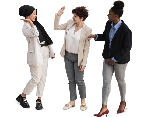 Group of businesswomen of different ethnicities dressed nicely all giving high-fives.