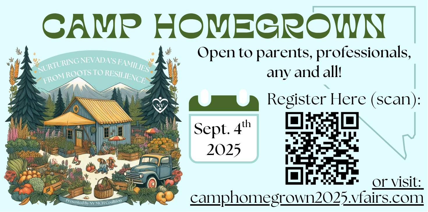 Camp homegrown event flyer, light blur with green text, animated photo of cabin with tons of produce growing outside. 