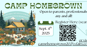 Camp homegrown event flyer, light blur with green text, animated photo of cabin with tons of produce growing outside. 