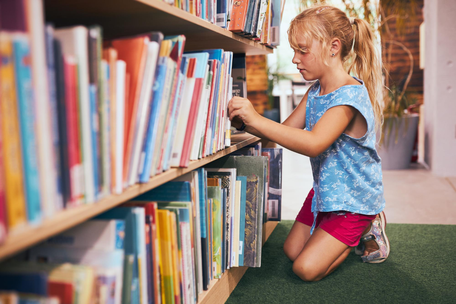 Little girl looks through books on big bookshelf in library setting.